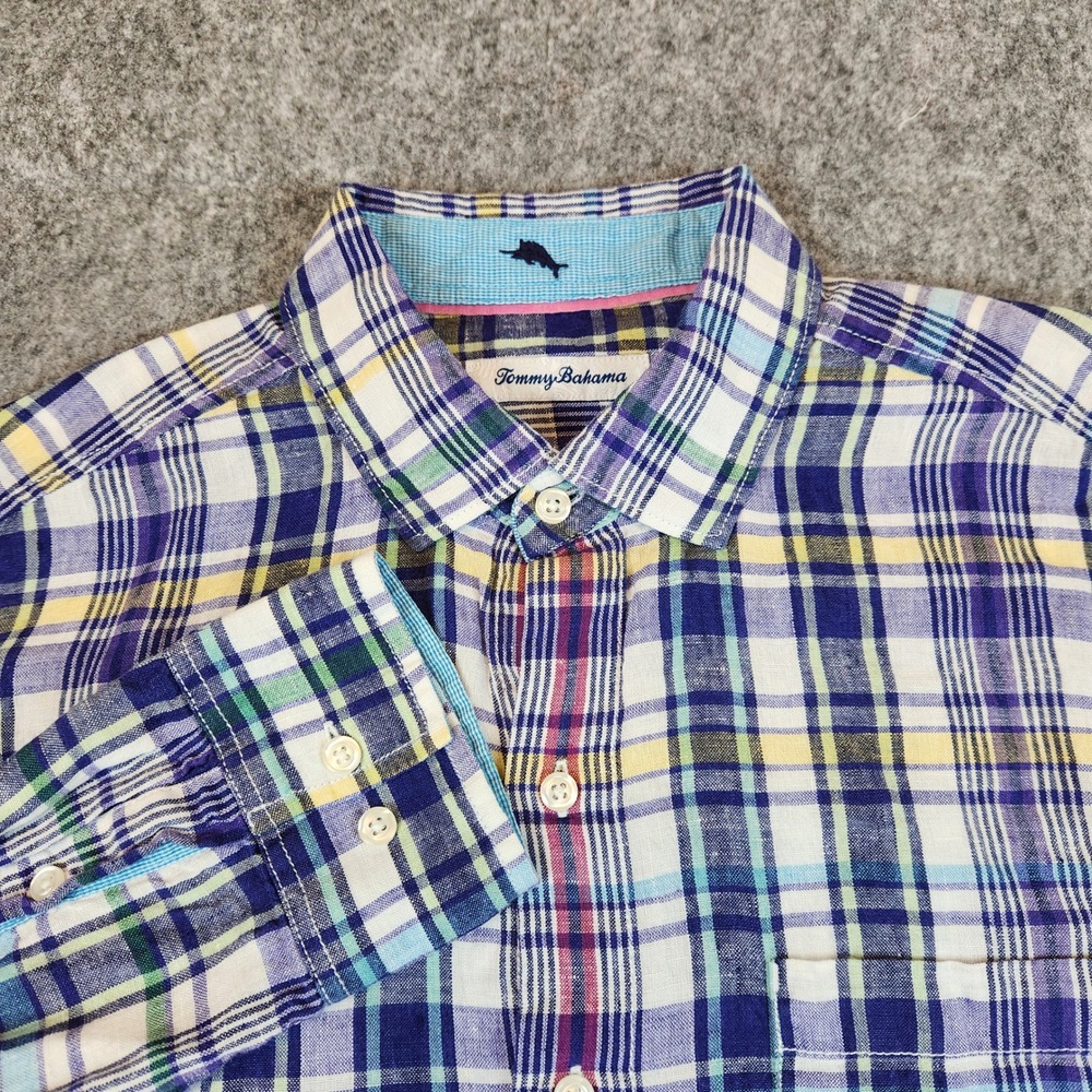 Tommy Bahama Shirt Men M Blue Plaid Linen Long Sleeve Casual Aloha Button Preppy